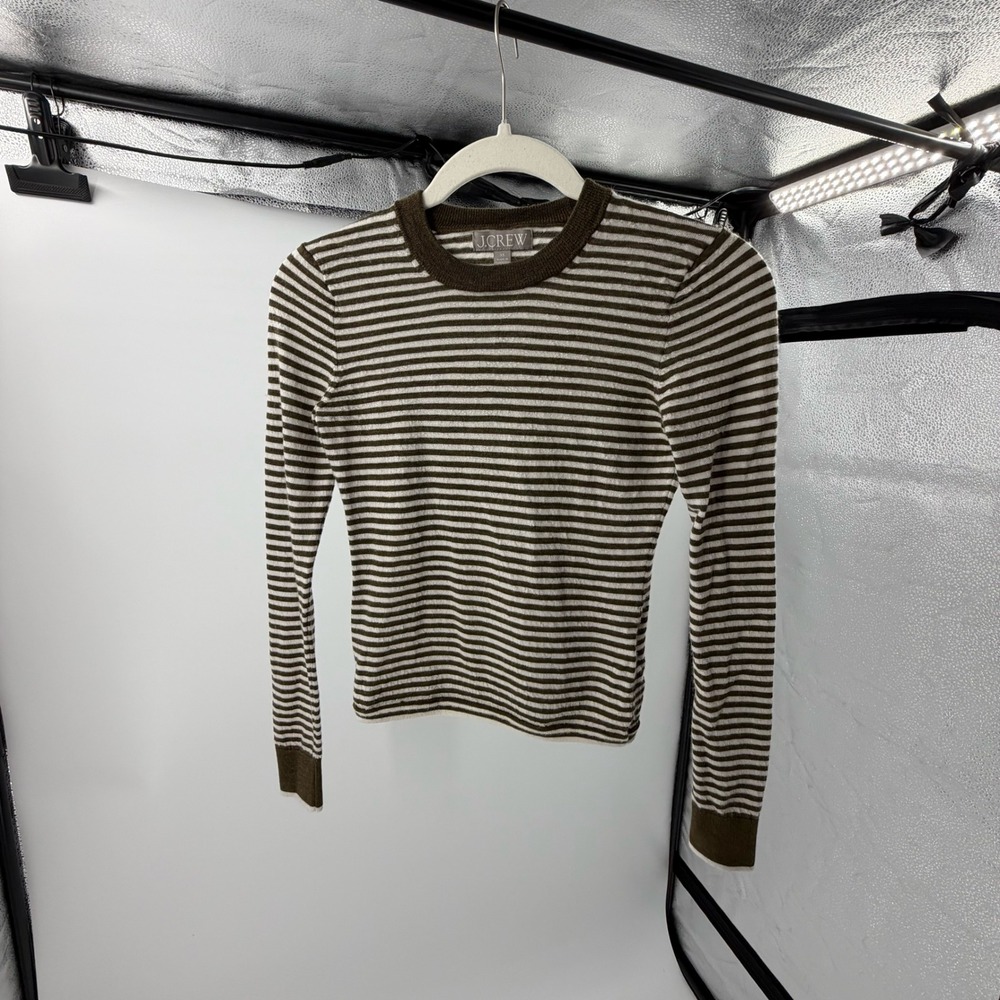 J.Crew Merino Wool Striped Sweater Womens XS Olive Green Cream Crewneck